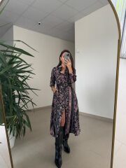 Ms 2130 Etnik Desen Siyah-Mor Saten Elbise