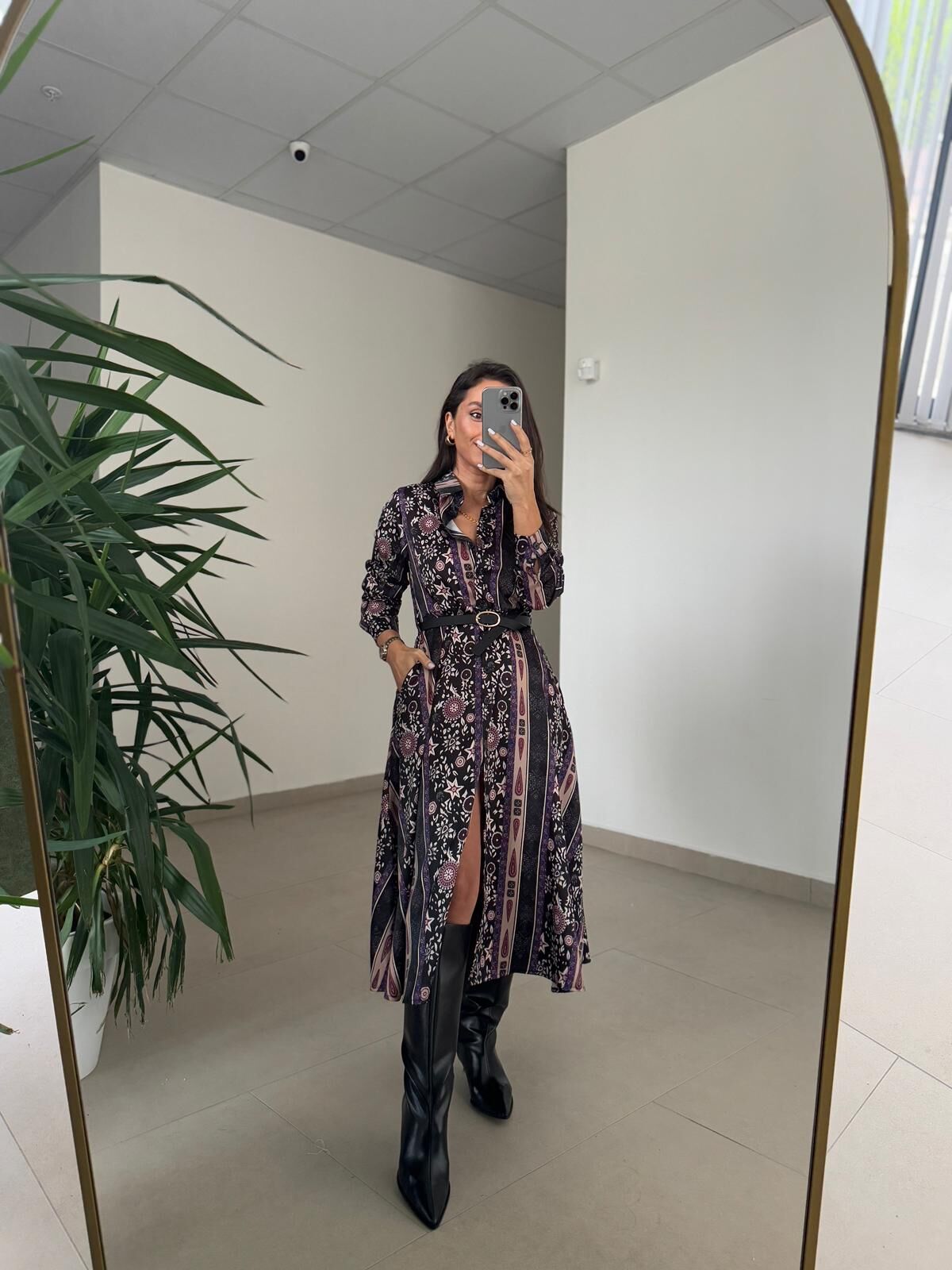 Ms 2130 Etnik Desen Siyah-Mor Saten Elbise