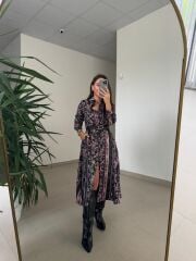 Ms 2130 Etnik Desen Siyah-Mor Saten Elbise