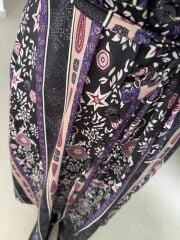 Ms 2130 Etnik Desen Siyah-Mor Saten Elbise