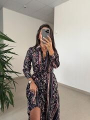 Ms 2130 Etnik Desen Siyah-Mor Saten Elbise