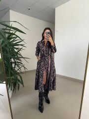 Ms 2130 Etnik Desen Siyah-Mor Saten Elbise