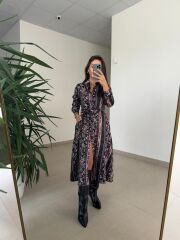 Ms 2130 Etnik Desen Siyah-Mor Saten Elbise