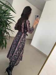 Ms 2130 Etnik Desen Siyah-Mor Saten Elbise