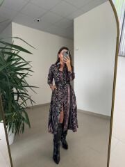 Ms 2130 Etnik Desen Siyah-Mor Saten Elbise