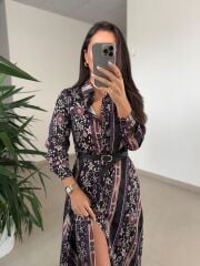 Ms 2130 Etnik Desen Siyah-Mor Saten Elbise