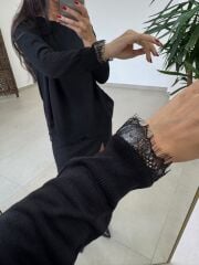 Po 2712 Asimetrik Kesim Dantel Detaylı Siyah Triko