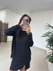 Po 2712 Asimetrik Kesim Dantel Detaylı Siyah Triko
