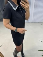 Ms Yaka Taşlı Siyah Kalem Elbise