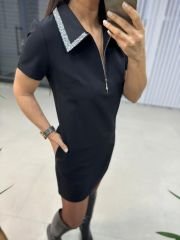 Ms Yaka Taşlı Siyah Kalem Elbise