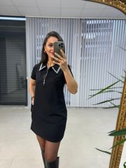 Ms Yaka Taşlı Siyah Kalem Elbise