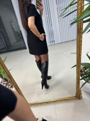 Ms Yaka Taşlı Siyah Kalem Elbise