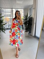 Bb 25165 Kırmızı Çiçekli Kolsuz Elbise