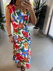 Bb 25165 Kırmızı Çiçekli Kolsuz Elbise