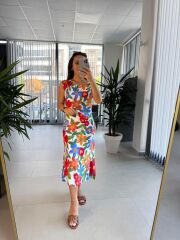 Bb 25165 Kırmızı Çiçekli Kolsuz Elbise