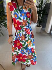 Bb 25165 Kırmızı Çiçekli Kolsuz Elbise