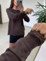 Po 2712 Asimetrik Kesim Dantel Detaylı A.Kahve Triko