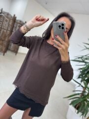 Po 2712 Asimetrik Kesim Dantel Detaylı A.Kahve Triko