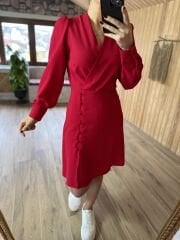 Ms Crep Düğme Detaylı kırmızı Elbise