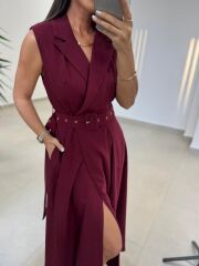 Kr 145 Ceket Yaka Tensel Bordo Elbise