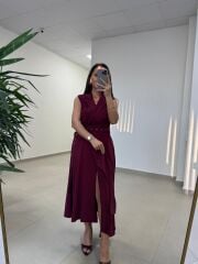 Kr 145 Ceket Yaka Tensel Bordo Elbise