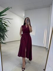 Kr 145 Ceket Yaka Tensel Bordo Elbise