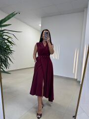 Kr 145 Ceket Yaka Tensel Bordo Elbise