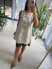 Ms 2113 Şal Desen Kahve Pamuk Keten Elbise