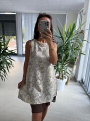 Ms 2113 Şal Desen Kahve Pamuk Keten Elbise