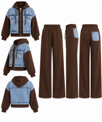 TİS 1042 A.Kahve-Denim Detaylı Kapüşonlu Sweat Takım