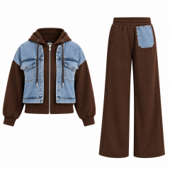 TİS 1042 A.Kahve-Denim Detaylı Kapüşonlu Sweat Takım