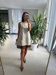 Ms 2113 Şal Desen Kahve Pamuk Keten Elbise