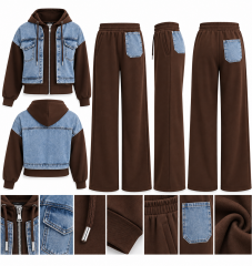 TİS 1042 A.Kahve-Denim Detaylı Kapüşonlu Sweat Takım