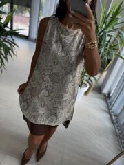 Ms 2113 Şal Desen Kahve Pamuk Keten Elbise