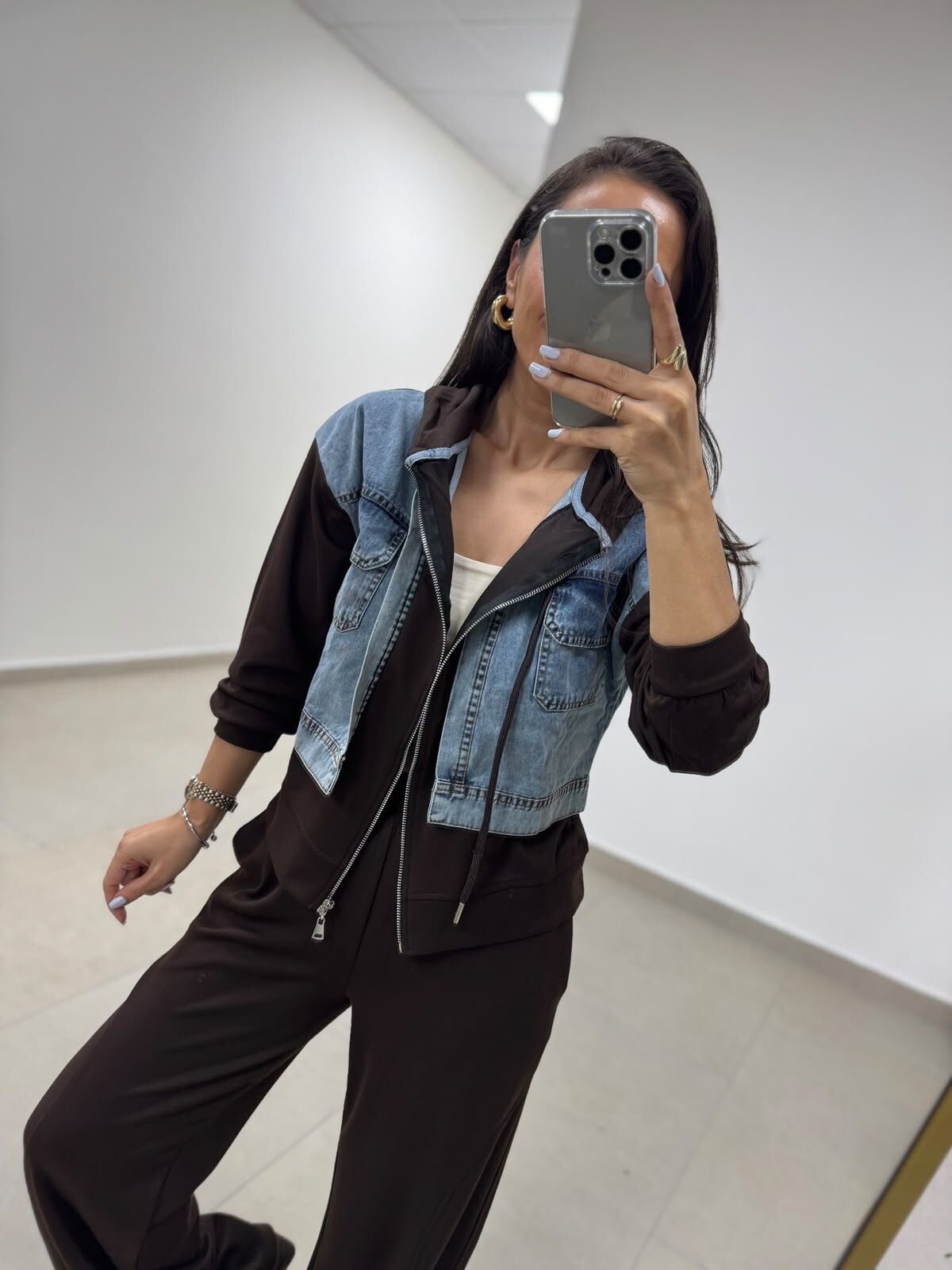 TİS 1042 A.Kahve-Denim Detaylı Kapüşonlu Sweat Takım