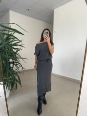 Dv 90256 Gri Kemerli Triko Elbise