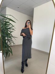 Dv 90256 Gri Kemerli Triko Elbise