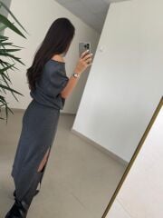 Dv 90256 Gri Kemerli Triko Elbise