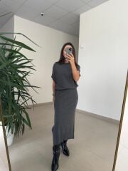 Dv 90256 Gri Kemerli Triko Elbise