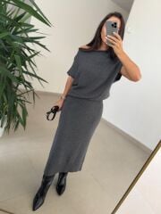 Dv 90256 Gri Kemerli Triko Elbise