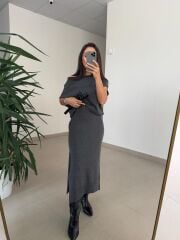 Dv 90256 Gri Kemerli Triko Elbise