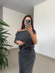 Dv 90256 Gri Kemerli Triko Elbise