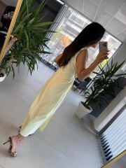 My 3718 Butter Yellow Broş Detaylı Krep Elbise