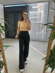 Gk Çizgili Yan Düğme Detaylı Siyah Pantolon