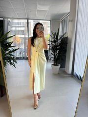 My 3718 Butter Yellow Broş Detaylı Krep Elbise