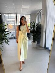 My 3718 Butter Yellow Broş Detaylı Krep Elbise