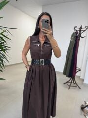 Ms 161 A. Kahve Poplin Kemerli Kolsuz Elbise