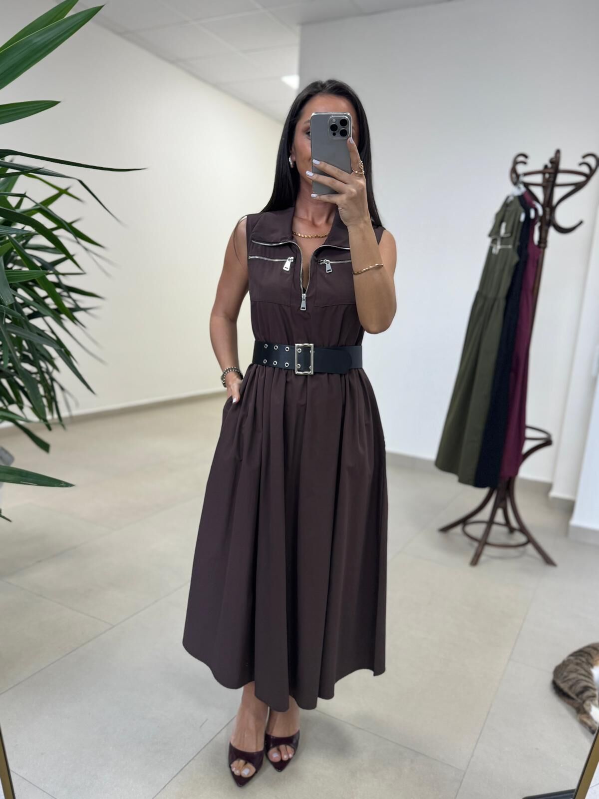 Ms 161 A. Kahve Poplin Kemerli Kolsuz Elbise