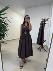 Ms 161 A. Kahve Poplin Kemerli Kolsuz Elbise