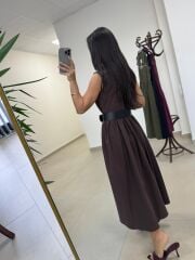 Ms 161 A. Kahve Poplin Kemerli Kolsuz Elbise